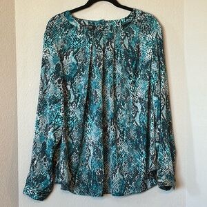 JONES NEW YORK Woman 20W Snake Print Satin Blouse Blue Long Sleeve Career Top